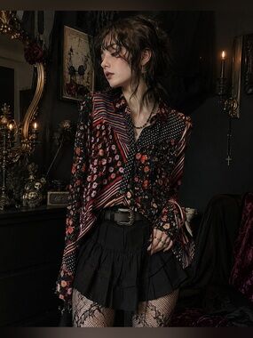Free People Mixed Print Boho Button Up Blouse Patchwork Floral Top XS
